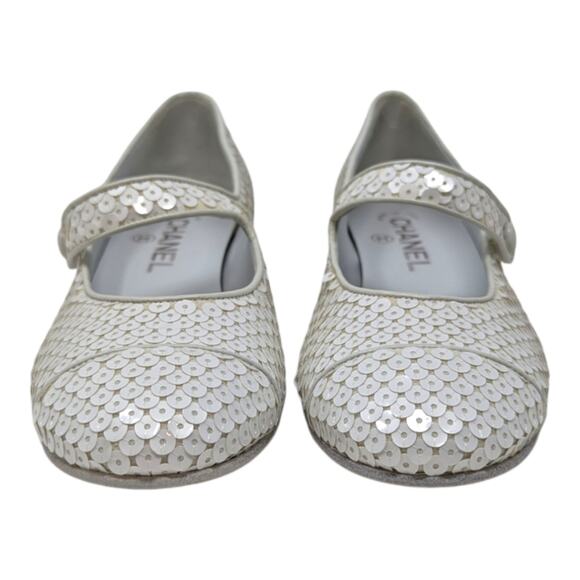 19C Chanel Mary Jane flats ballet pumps interlocking CC logo white sequin 37 - Picture 4 of 16